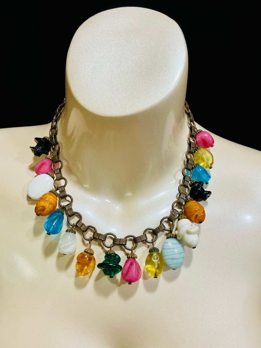 Multicolor Chunky Textured Glass Charm Pendant Necklace EUC Collectible- READ